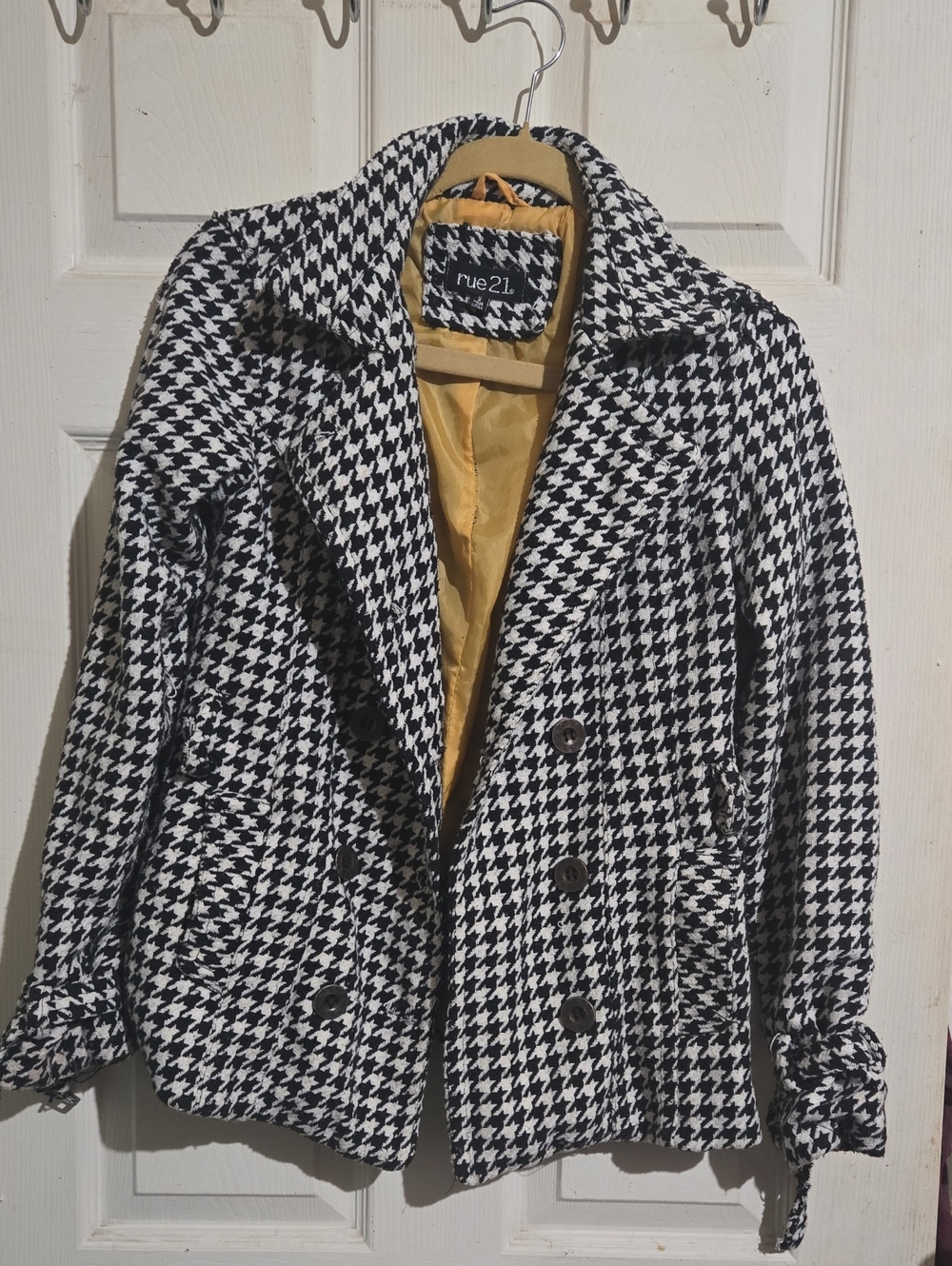 rue21 Black and White Houndstooth Peacoat with Gold Lining